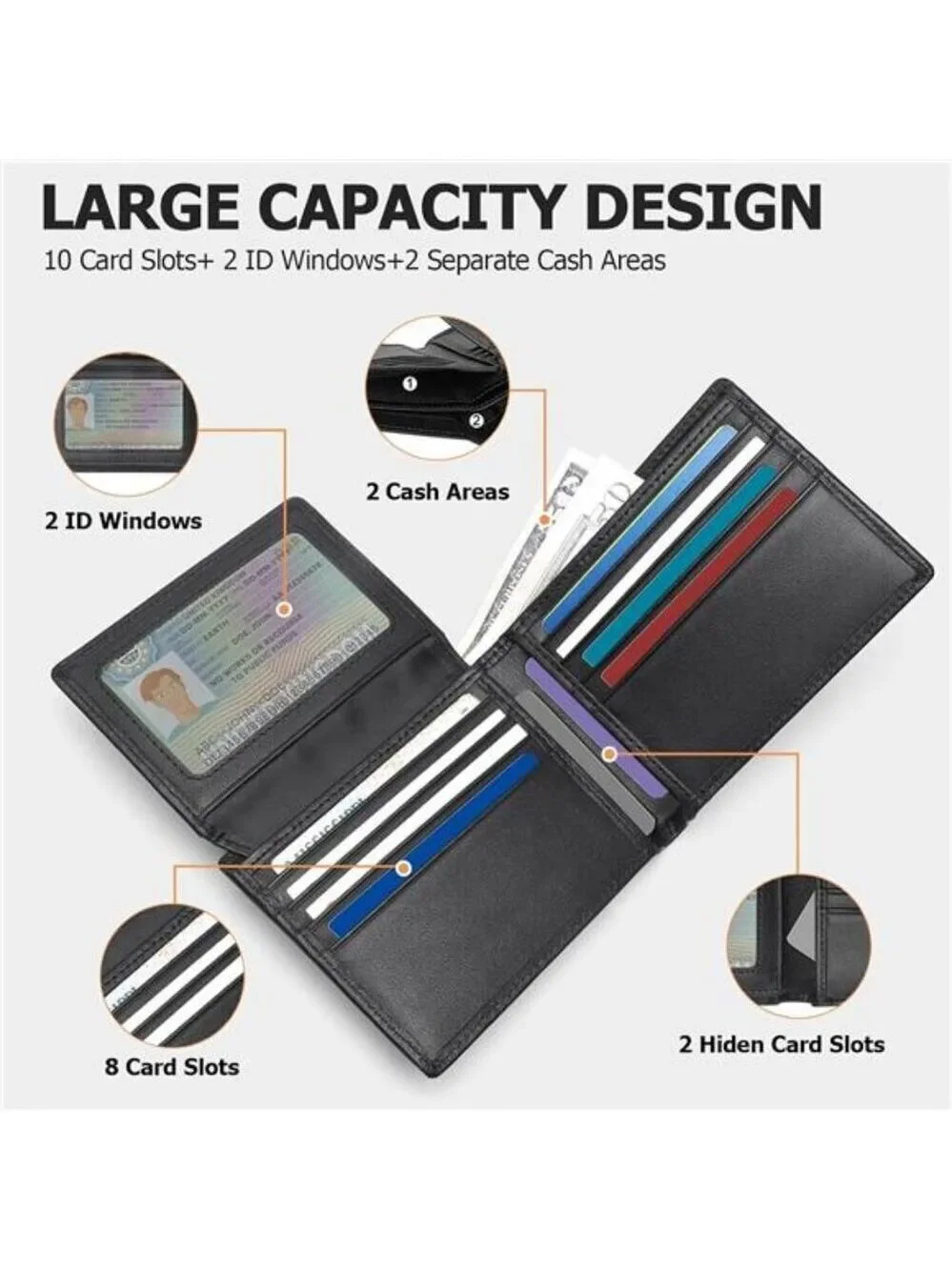 Mens Leather Wallet Bifold RFID Blocking 10 Card Slots 2 ID Windows Gift